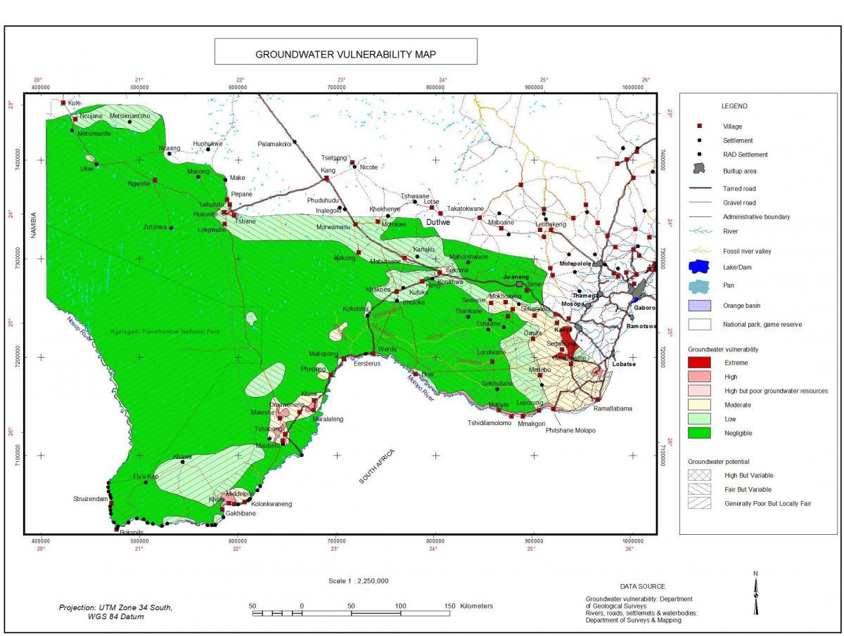 kat jeyografik nan Botswana dlo anba tè