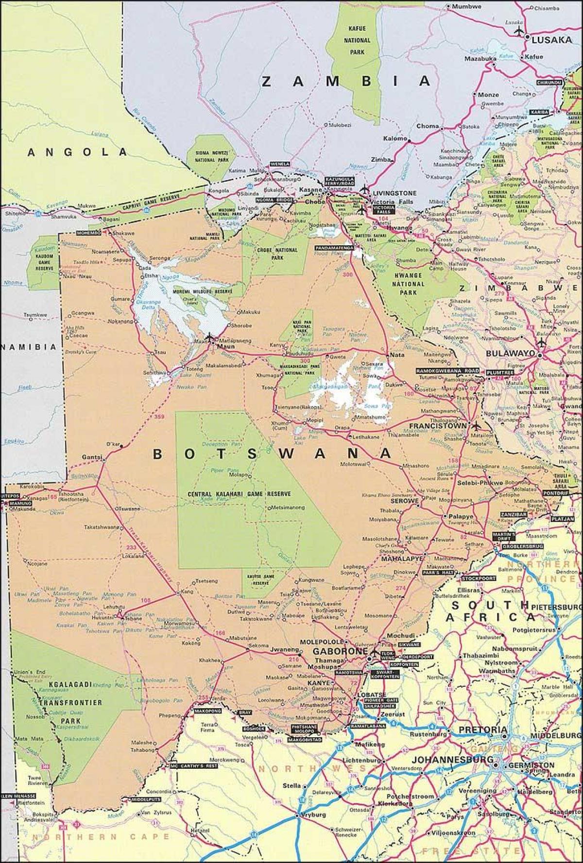 kat jeyografik nan Botswana map ak distans